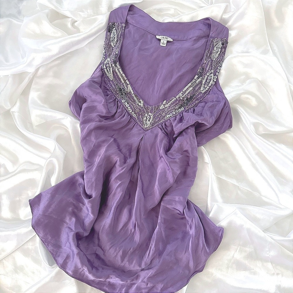 Cache Purple Silk Sequin V-Neck Sleeveless Blouse Top Large